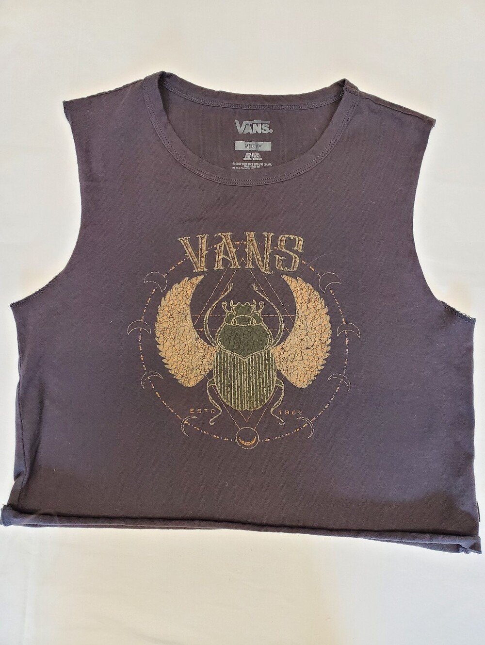 Vans Cropped Muscle Tank Scarab Beetle Graphic Faded Black Size M DIY Cut